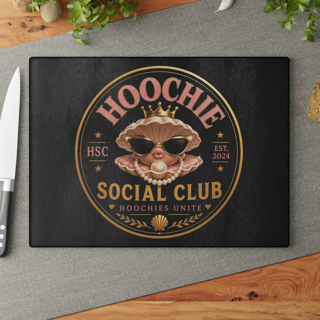 Hoochie Social Club Glass Cutting Board — Retro Glam Seafood Shell Design