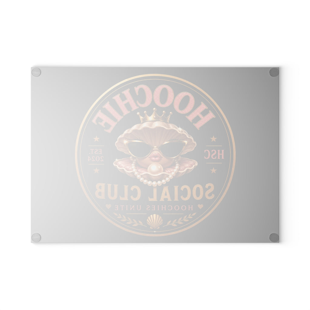 Hoochie Social Club Glass Cutting Board — Retro Glam Seafood Shell Design