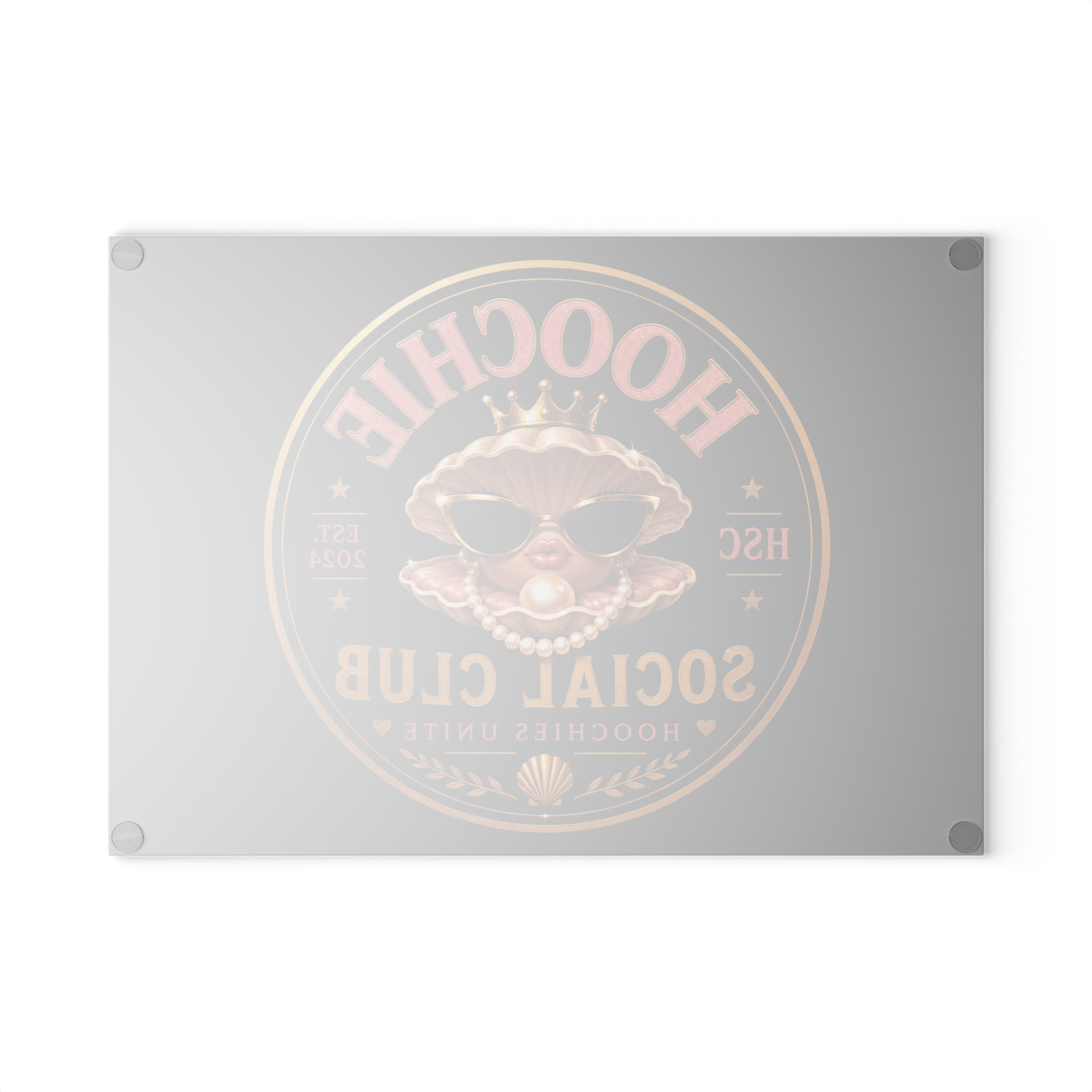 Hoochie Social Club Glass Cutting Board — Retro Glam Seafood Shell Design