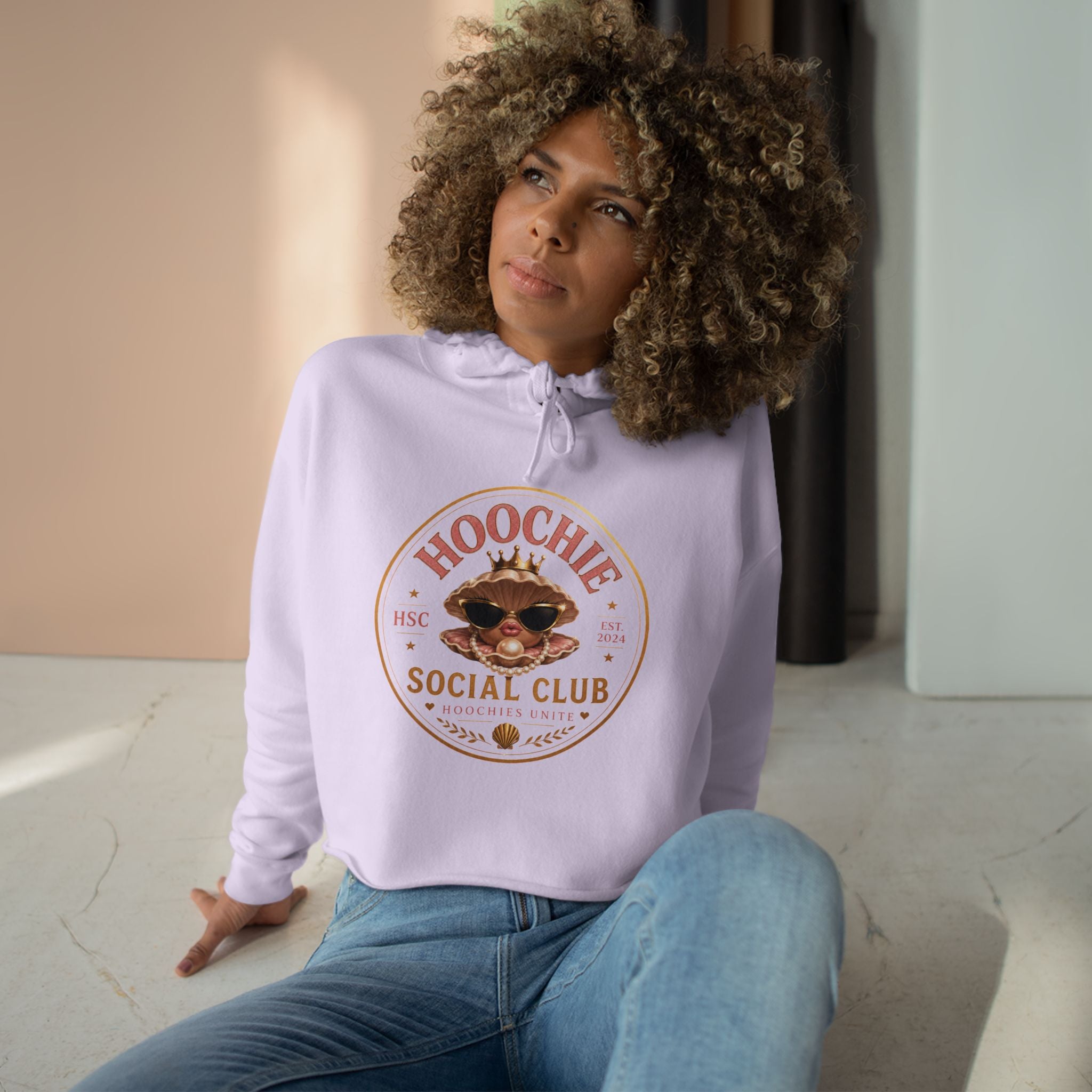 Hoochie Social Club Cropped Hoodie — Retro Sun Cat Graphic