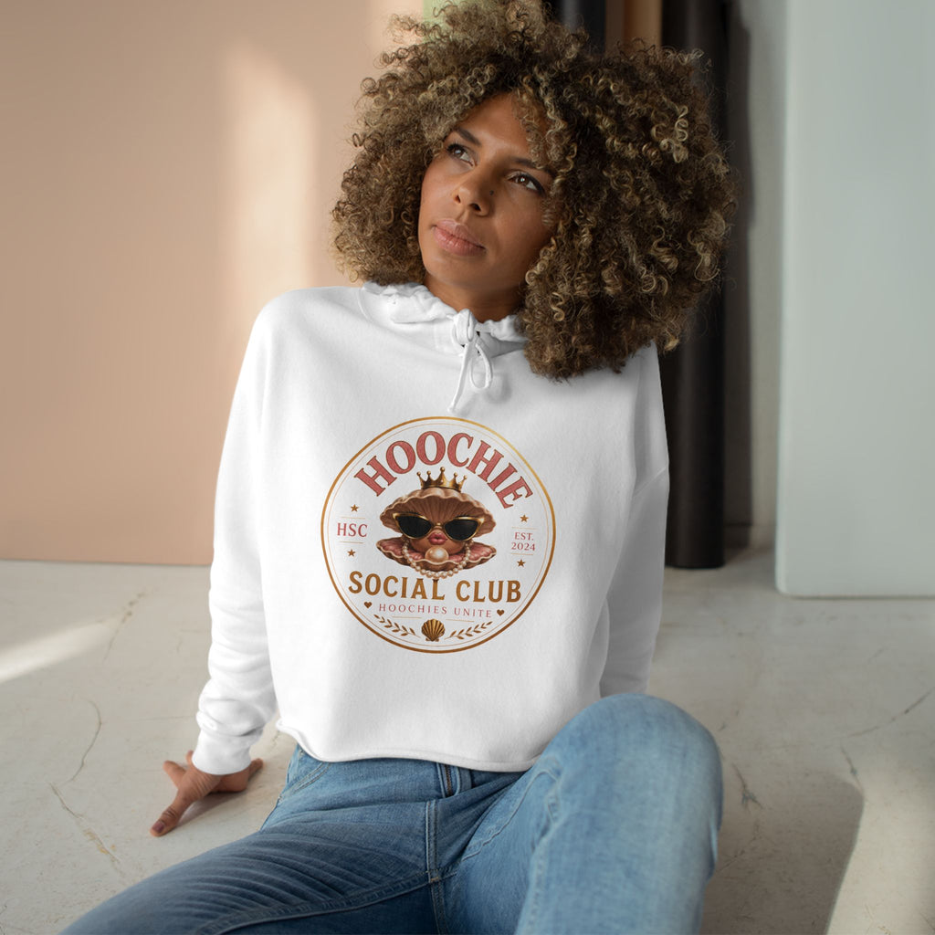 Hoochie Social Club Cropped Hoodie — Retro Sun Cat Graphic