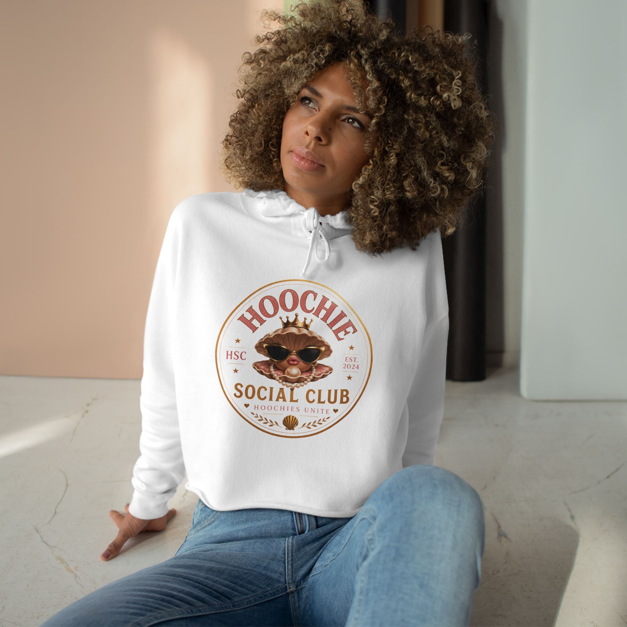 Hoochie Social Club Cropped Hoodie — Retro Sun Cat Graphic