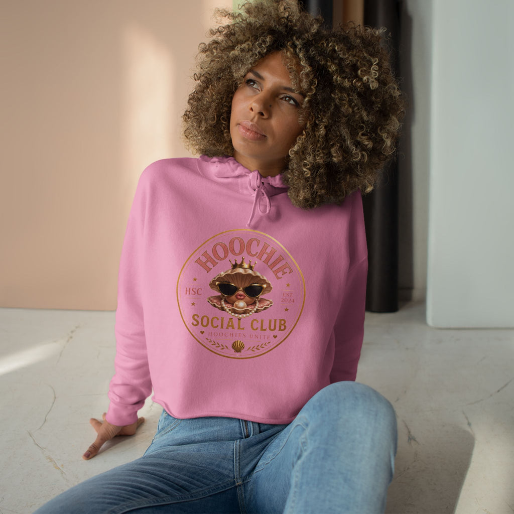 Hoochie Social Club Cropped Hoodie — Retro Sun Cat Graphic