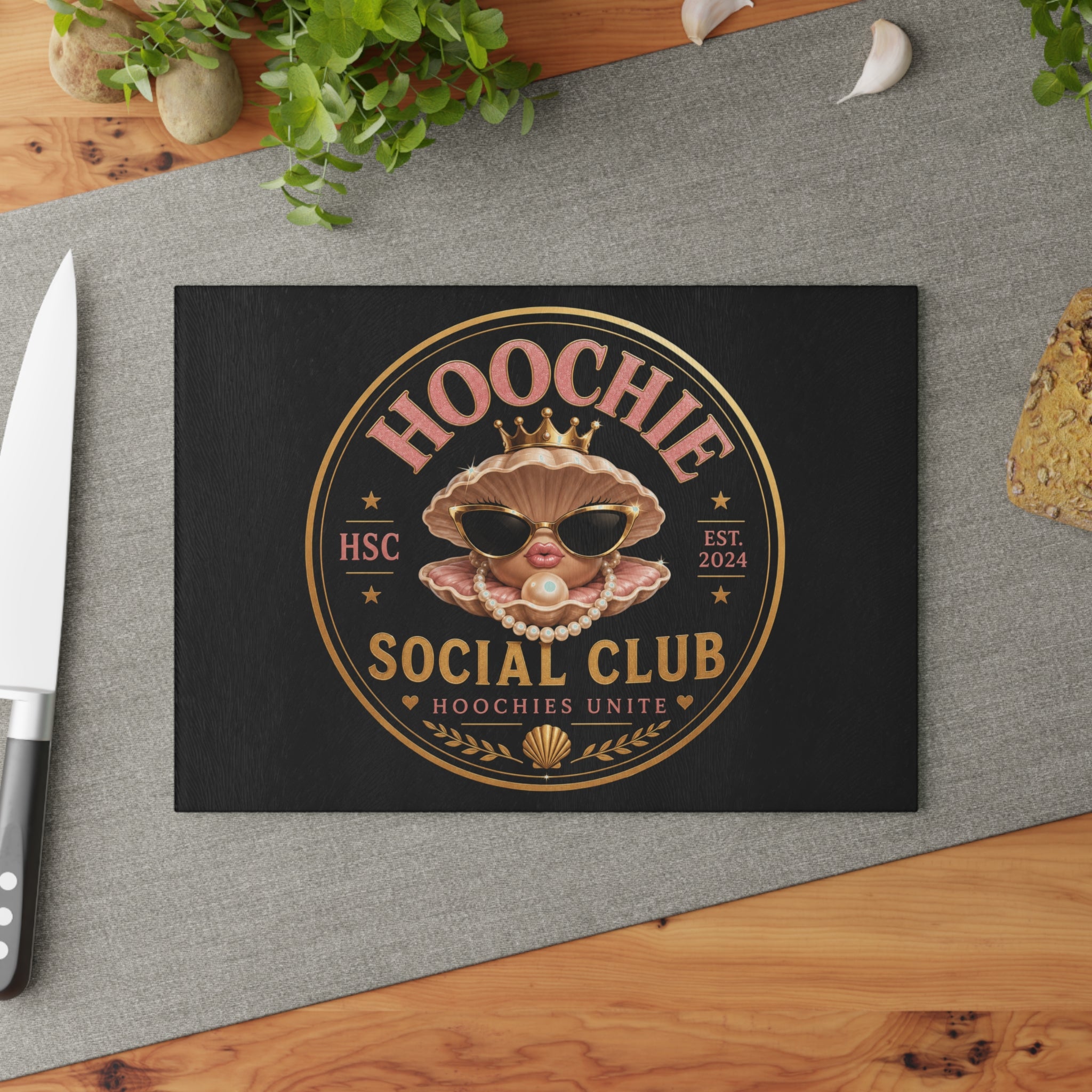 Hoochie Social Club Glass Cutting Board — Retro Glam Seafood Shell Design