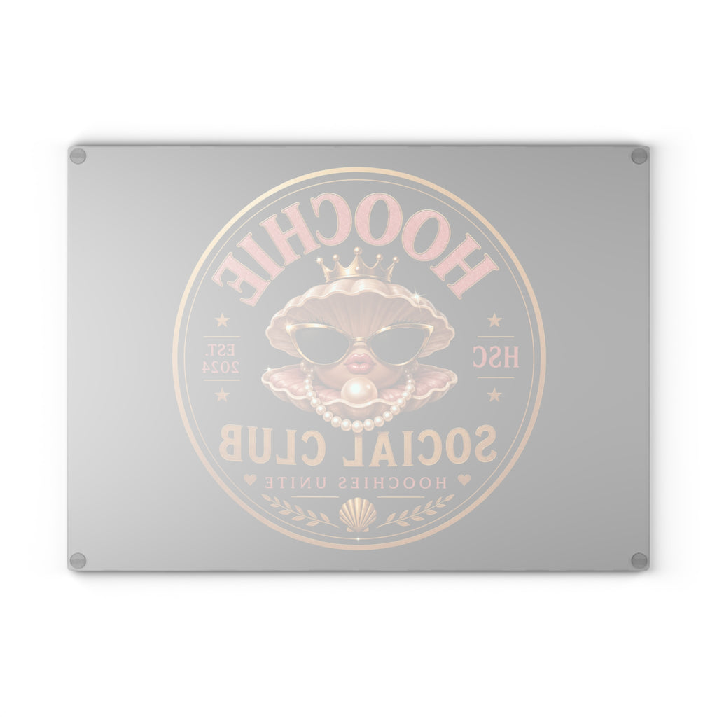 Hoochie Social Club Glass Cutting Board — Retro Glam Seafood Shell Design