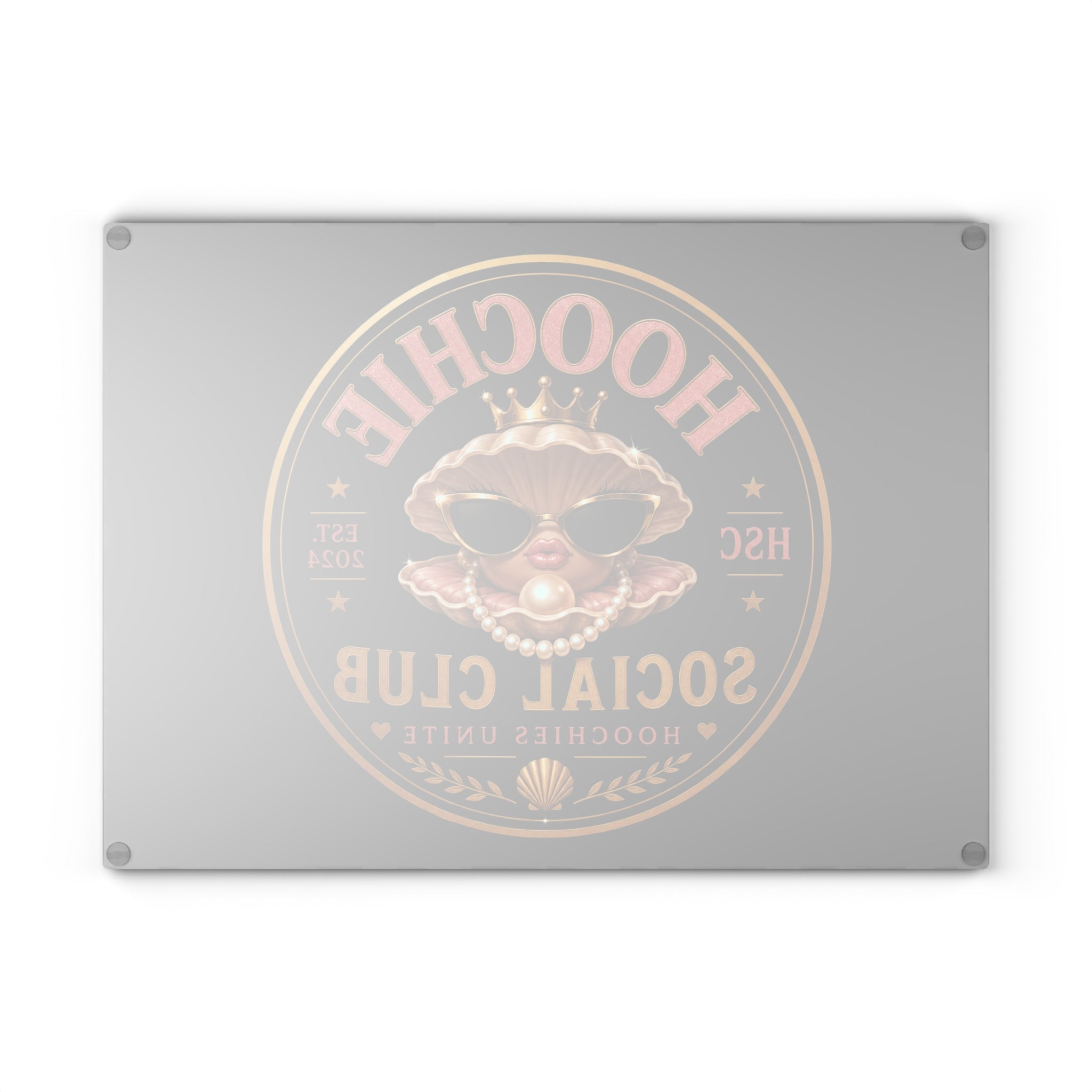 Hoochie Social Club Glass Cutting Board — Retro Glam Seafood Shell Design