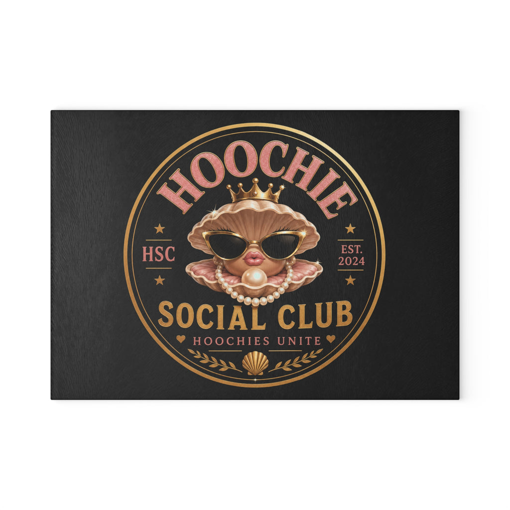 Hoochie Social Club Glass Cutting Board — Retro Glam Seafood Shell Design