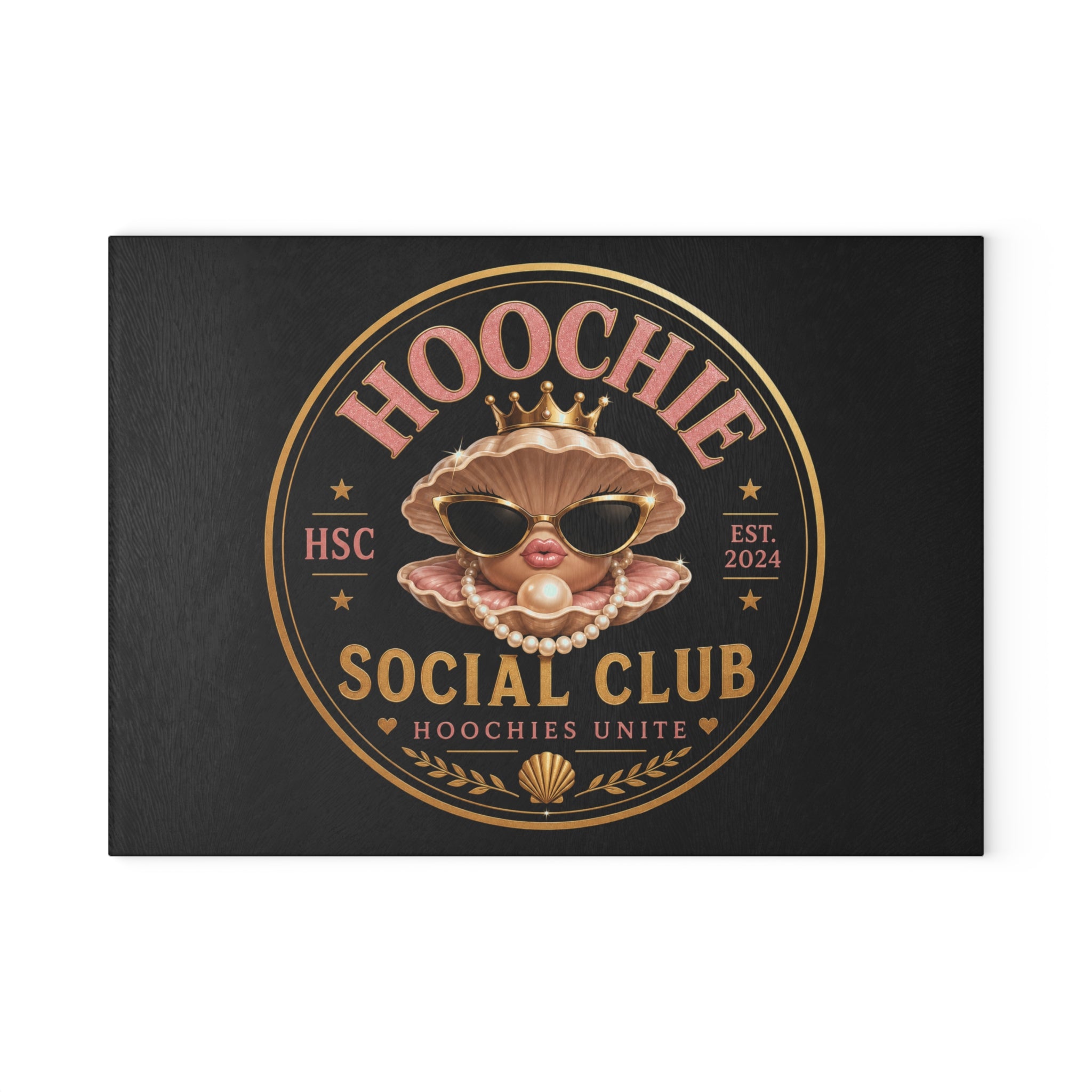 Hoochie Social Club Glass Cutting Board — Retro Glam Seafood Shell Design