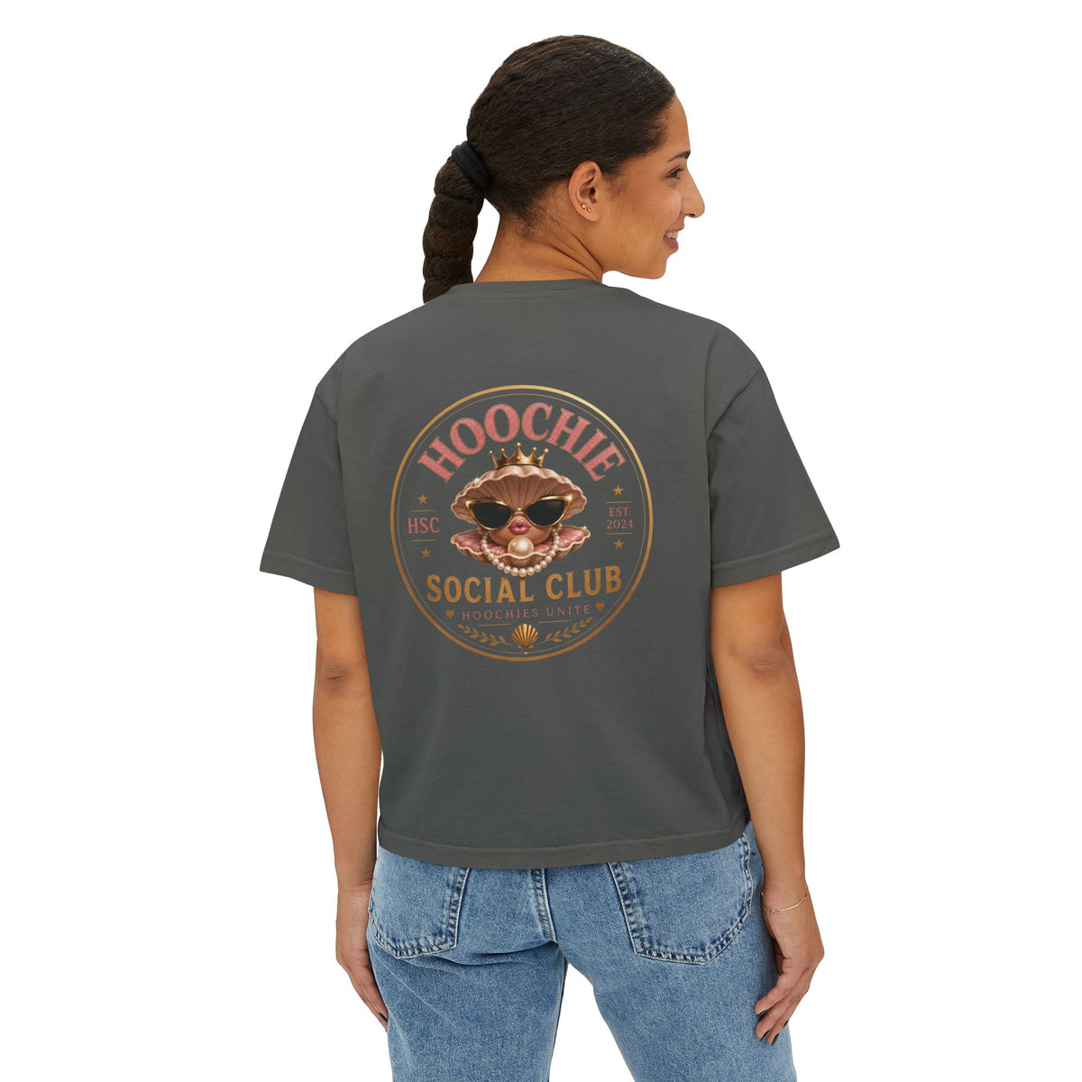 Hoochie Social Club Boxy Tee — Women's Cute Retro Cat Graphic Crop T-Shirt