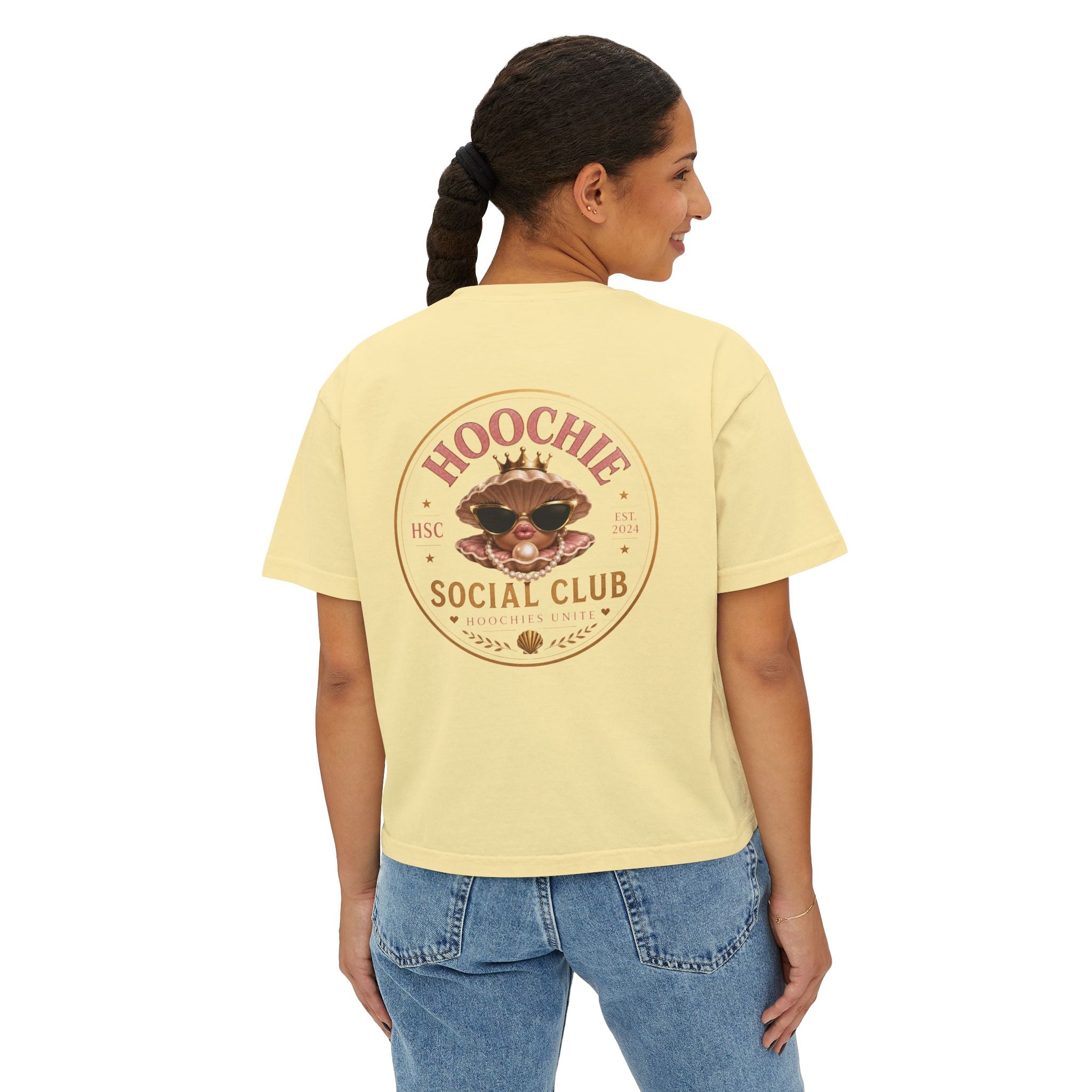 Hoochie Social Club Boxy Tee — Women's Cute Retro Cat Graphic Crop T-Shirt