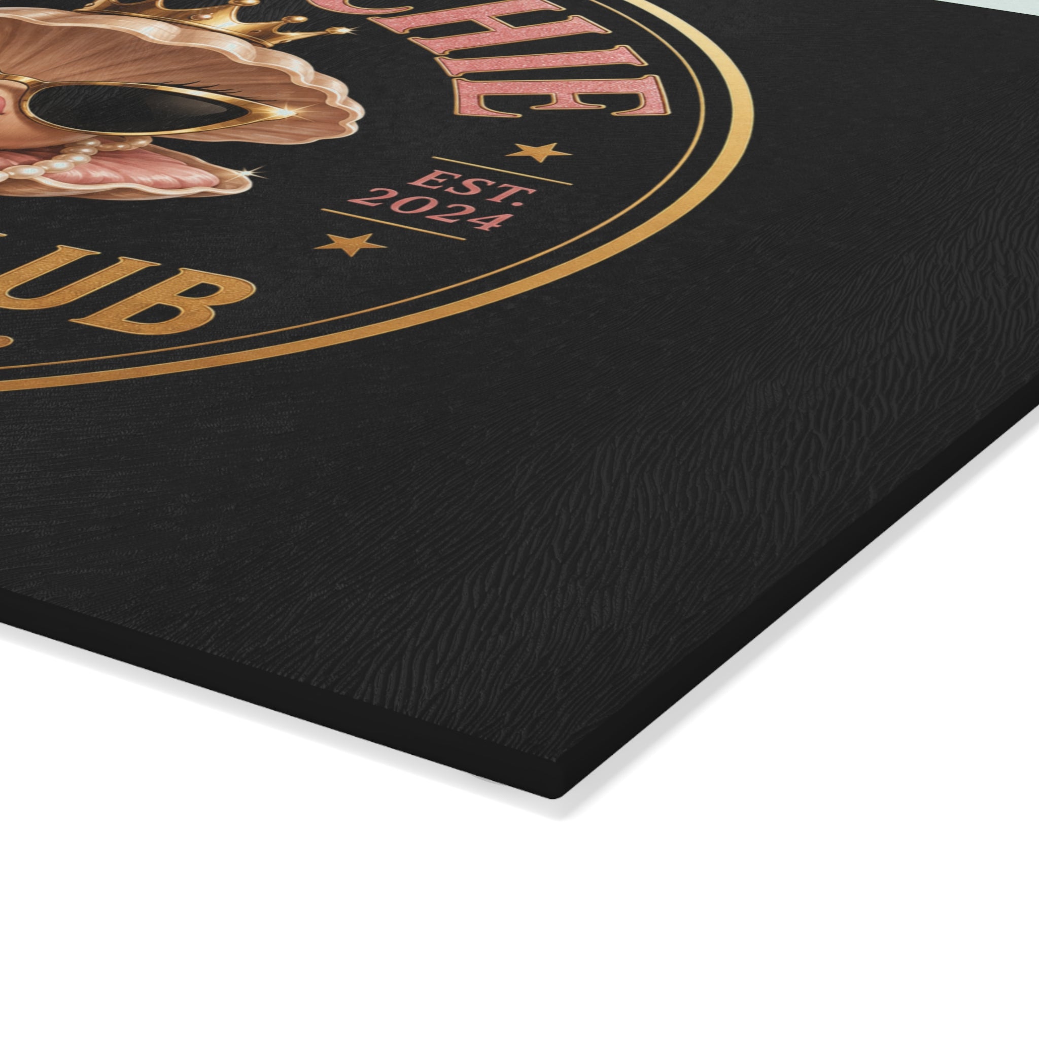 Hoochie Social Club Glass Cutting Board — Retro Glam Seafood Shell Design
