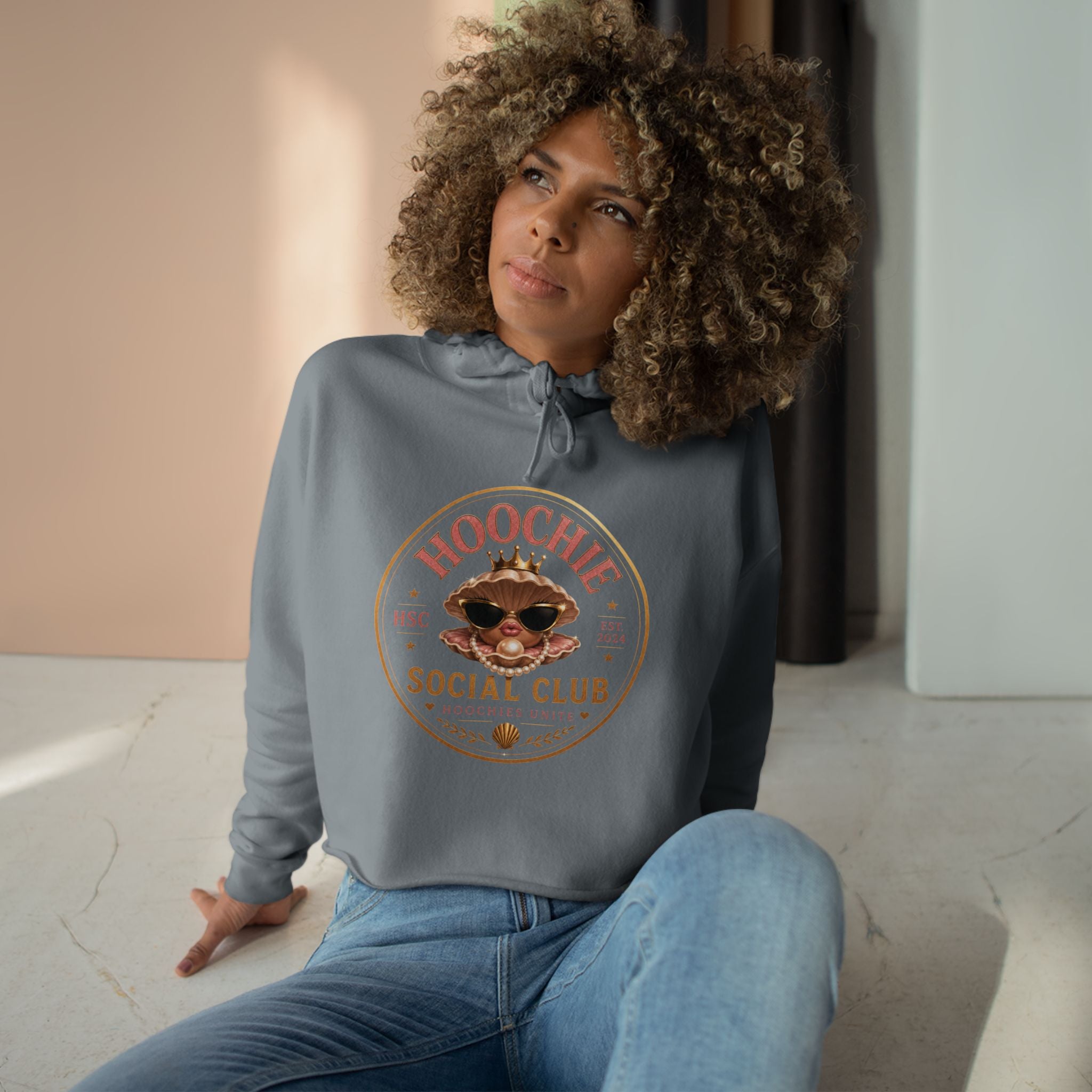 Hoochie Social Club Cropped Hoodie — Retro Sun Cat Graphic
