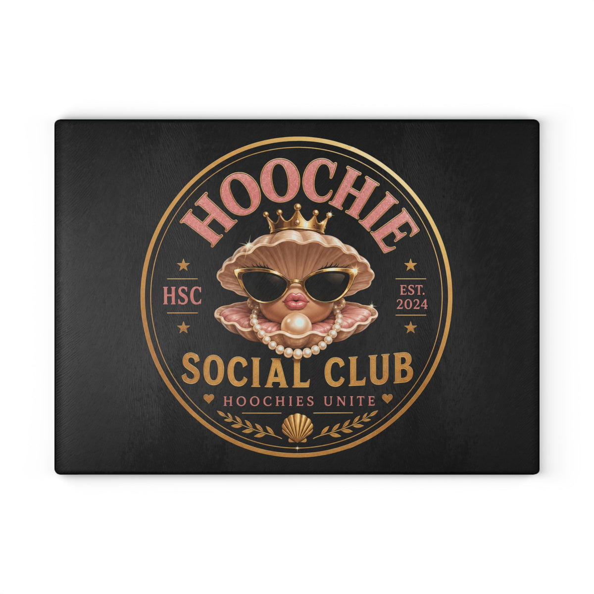 Hoochie Social Club Glass Cutting Board — Retro Glam Seafood Shell Design