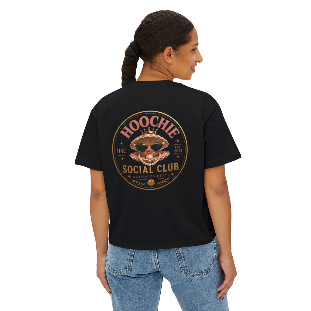 Hoochie Social Club Boxy Tee — Women's Cute Retro Cat Graphic Crop T-Shirt