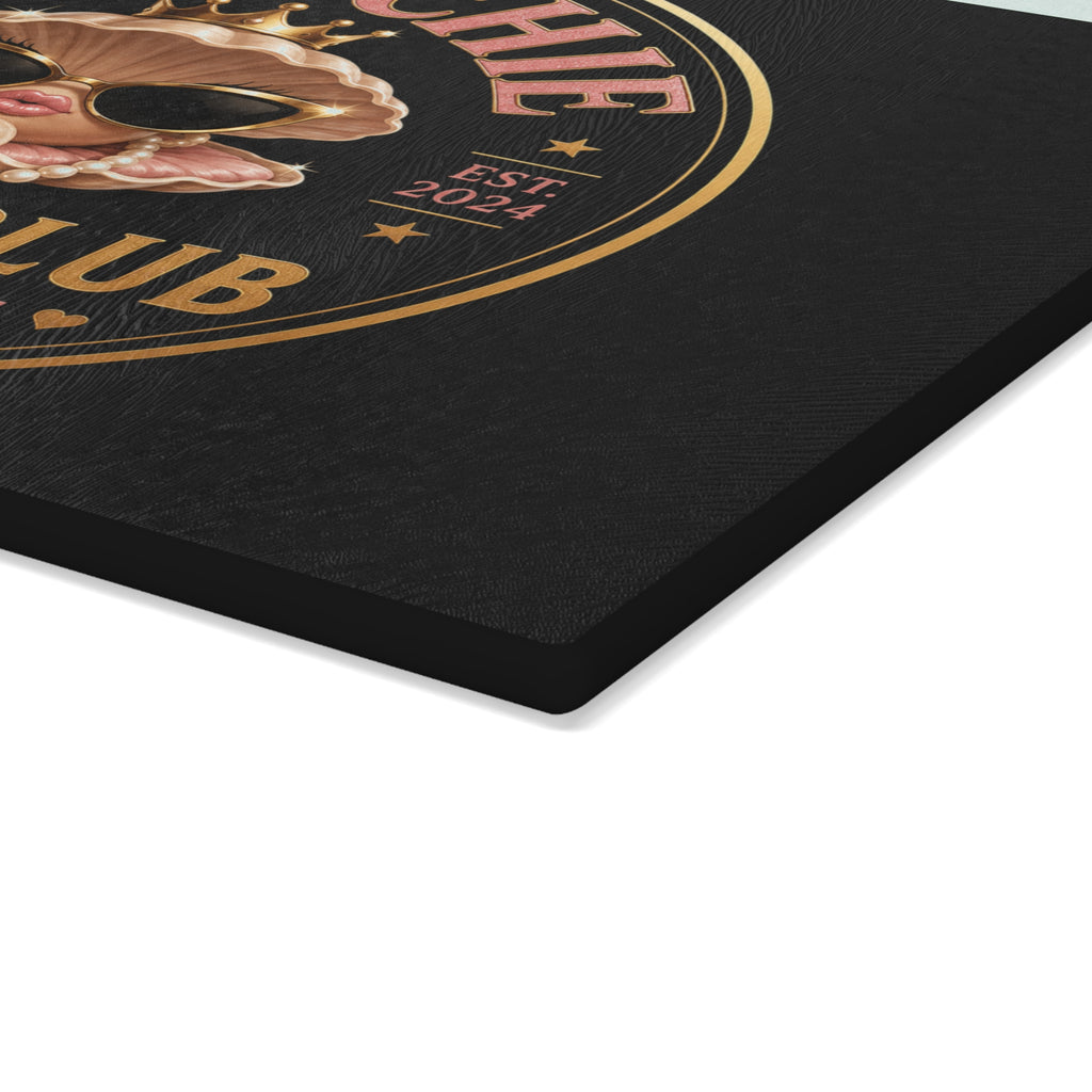 Hoochie Social Club Glass Cutting Board — Retro Glam Seafood Shell Design